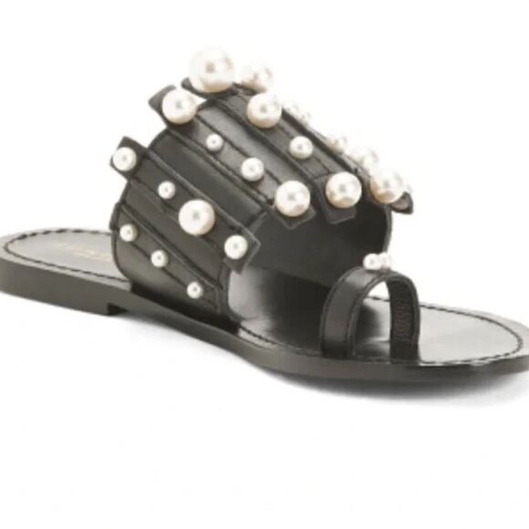 Torgeis Black Leather Flat Toe Ring Pearl Sandals 6.5 - Picture 2 of 11